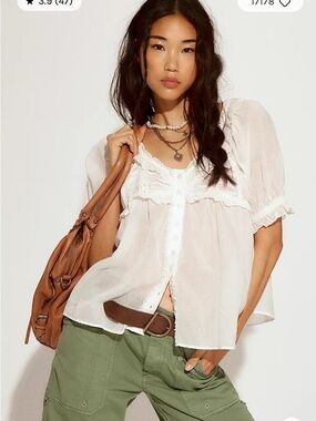 Free People Green Sweet Nothings Ruffle Button-Front Top